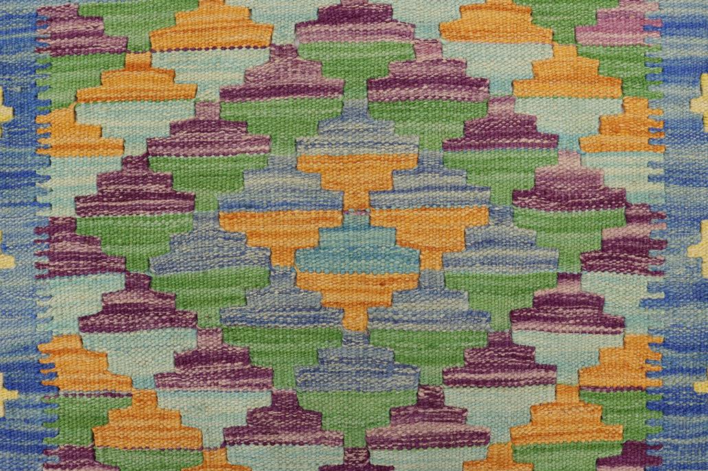 Flat Weave Kilim, Antique, Navaho, Vintage, Handmade, Geometric Kilim Blue Gold Hand-Woven Rectangle 100% Wool Area Rug 2 x 3