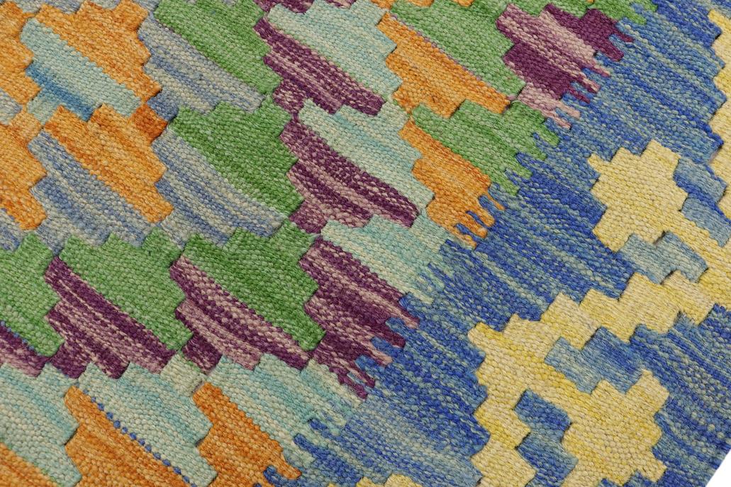 Flat Weave Kilim, Antique, Navaho, Vintage, Handmade, Geometric Kilim Blue Gold Hand-Woven Rectangle 100% Wool Area Rug 2 x 3
