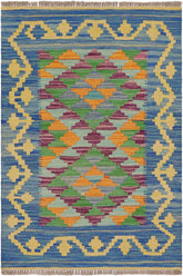 Flat Weave Kilim Antique Navaho Vintage handmade Geometric Kilim Blue Gold Hand-Woven Rectangle 100% Wool Area Rug 2x3