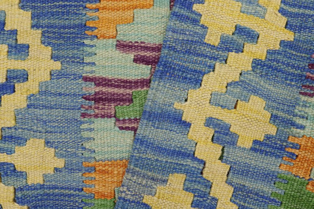 Flat Weave Kilim, Antique, Navaho, Vintage, Handmade, Geometric Kilim Blue Gold Hand-Woven Rectangle 100% Wool Area Rug 2 x 3