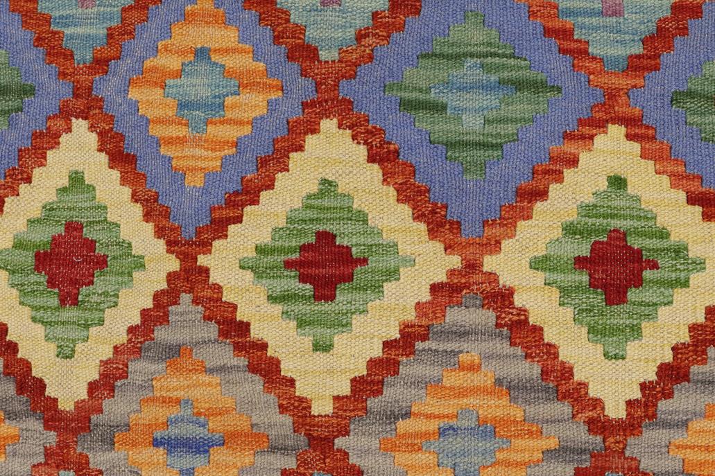 Flat Weave Kilim, Antique, Navaho, Vintage, Handmade, Geometric Kilim Beige Blue Hand-Woven Runner 100% Wool Area Rug 3 x 6