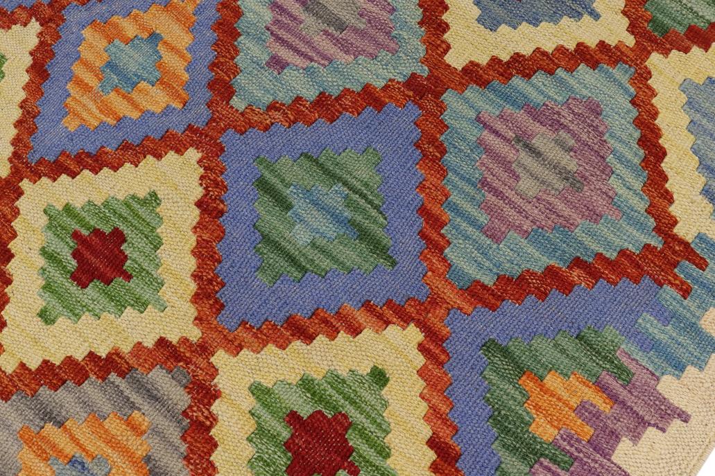 Flat Weave Kilim, Antique, Navaho, Vintage, Handmade, Geometric Kilim Beige Blue Hand-Woven Runner 100% Wool Area Rug 3 x 6