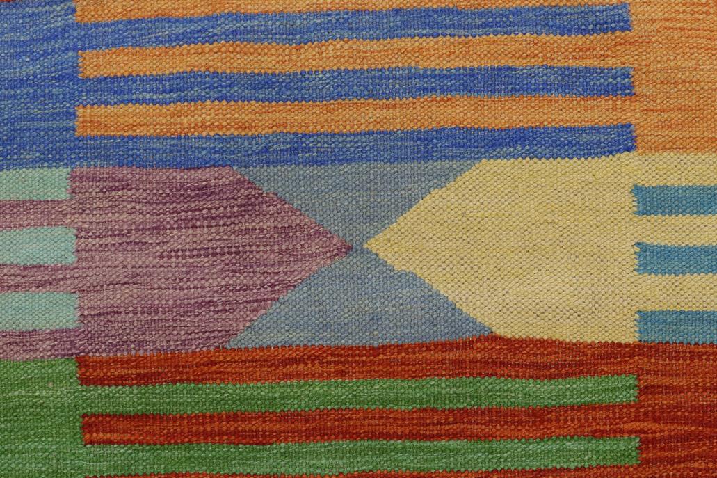 Flat Weave Kilim, Antique, Navaho, Vintage, Handmade, Modern Kilim Blue Rust Hand-Woven Rectangle 100% Wool Area Rug 4 x 6
