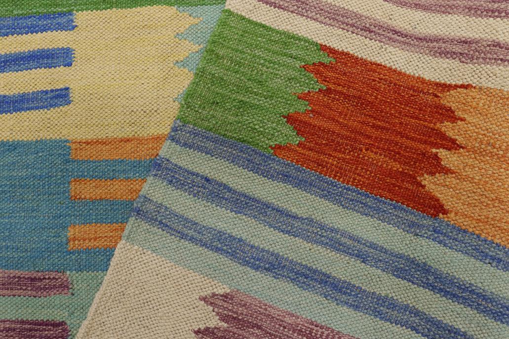 Flat Weave Kilim, Antique, Navaho, Vintage, Handmade, Modern Kilim Blue Rust Hand-Woven Rectangle 100% Wool Area Rug 4 x 6