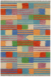 Flat Weave Kilim Antique Navaho Vintage handmade Modern Kilim Blue Rust Hand-Woven Rectangle 100% Wool Area Rug 4x6