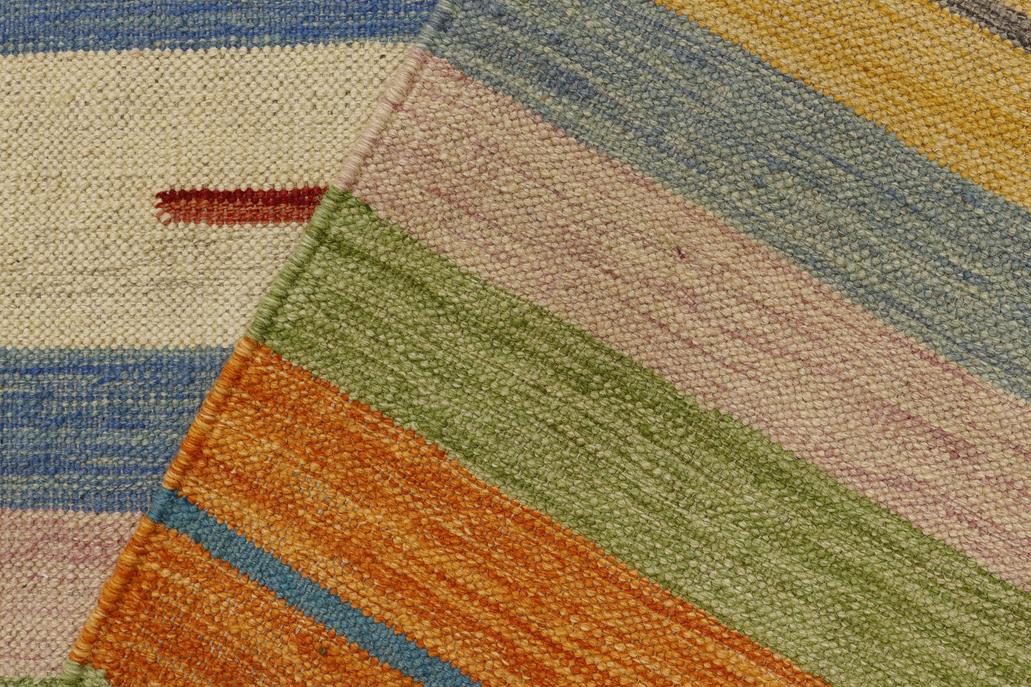 Flat Weave Kilim, Antique, Navaho, Vintage, Handmade, Modern Kilim Blue Beige Hand-Woven Rectangle 100% Wool Area Rug 4 x 6