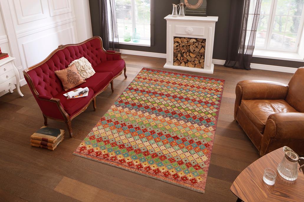 handmade Geometric Balouchi Rust Blue Hand Knotted RECTANGLE 100% WOOL area rug 5' x 8'
