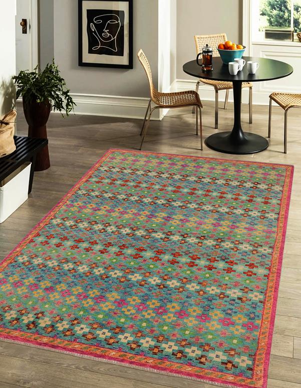 handmade Geometric Balouchi Blue Orange Hand Knotted RECTANGLE 100% WOOL area rug 5' x 8'