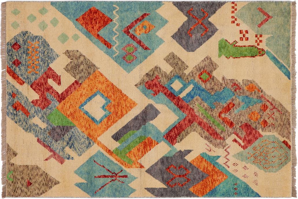 handmade Geometric Balouchi Beige Blue Hand Knotted RECTANGLE 100% WOOL area rug 4' x 5'