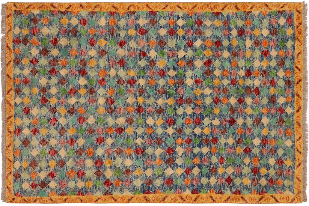 handmade Geometric Balouchi Blue Gold Hand Knotted RECTANGLE 100% WOOL area rug 4' x 5'