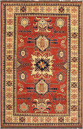 handmade Geometric Super Kazak Rust Beige Hand Knotted RECTANGLE 100% WOOL area rug 4X6