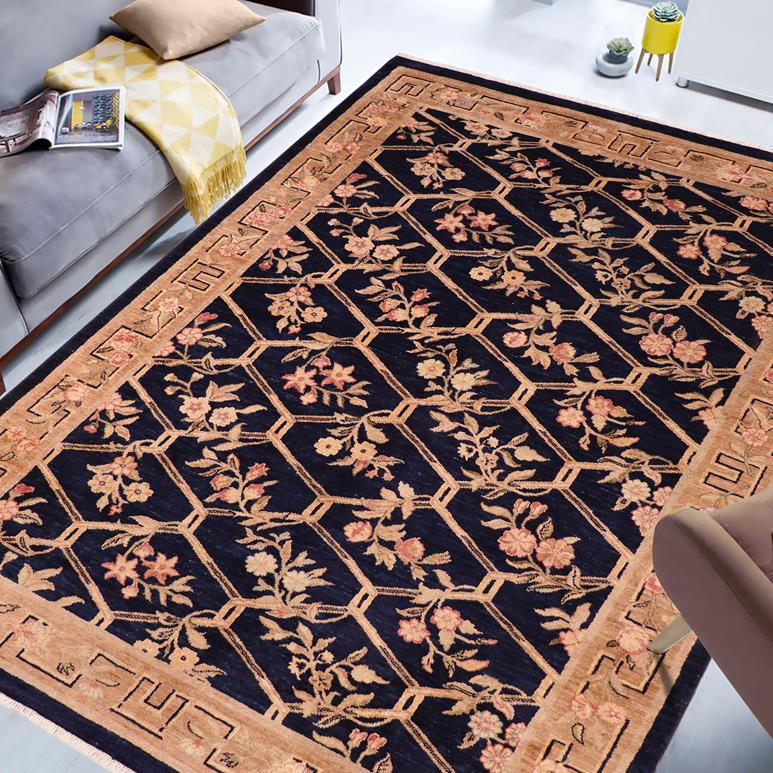 handmade Transitional Kafkaz Blue Tan Hand Knotted RECTANGLE 100% WOOL area rug 6 x 9