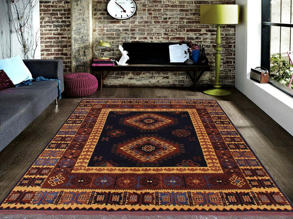 handmade Geometric Kargahi Blue Gold Hand Knotted RECTANGLE 100% WOOL area rug 6x10