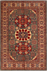 Tribal Super Kazak Magaly Green/Beige Wool Rug - 6'10''X9'6''