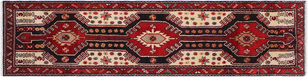 handmade Traditional Hamadan Red Blue Hand Knotted RUNNER 100% Wool Pile area rug 3x11