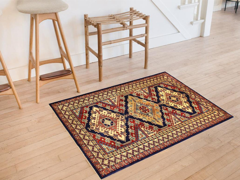 handmade Geometric Sherwan Blue Beige Hand Knotted RECTANGLE 100% WOOL area rug 4x6