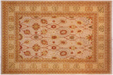 An ornate rectangular area rug with a cream and beige field, decorated with intricate red, orange, and brown floral and geometric patterns, surrounded by a wide matching border.
