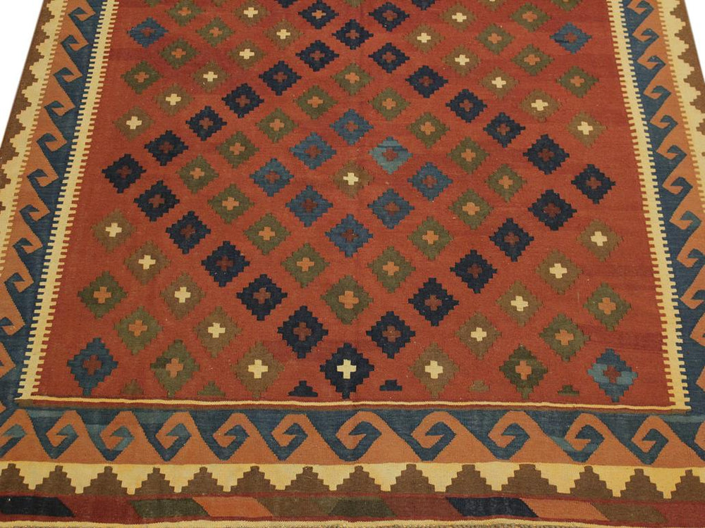 handmade Geometric Kilim Rust Blue Hand-Woven RECTANGLE 100% WOOL area rug 7x10
