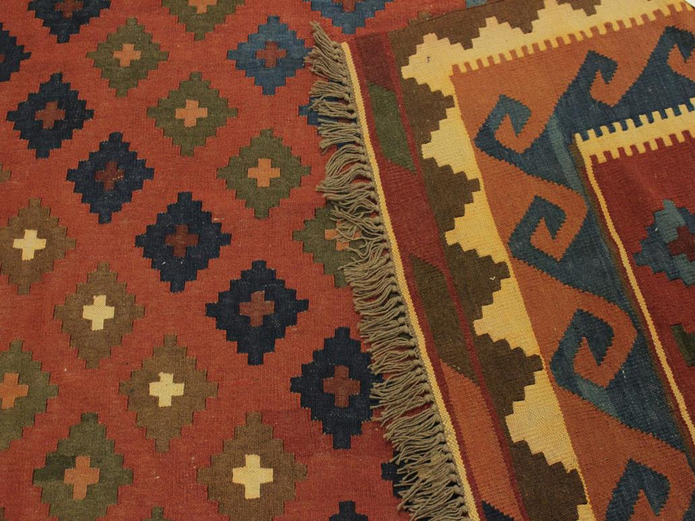 handmade Geometric Kilim Rust Blue Hand-Woven RECTANGLE 100% WOOL area rug 7x10