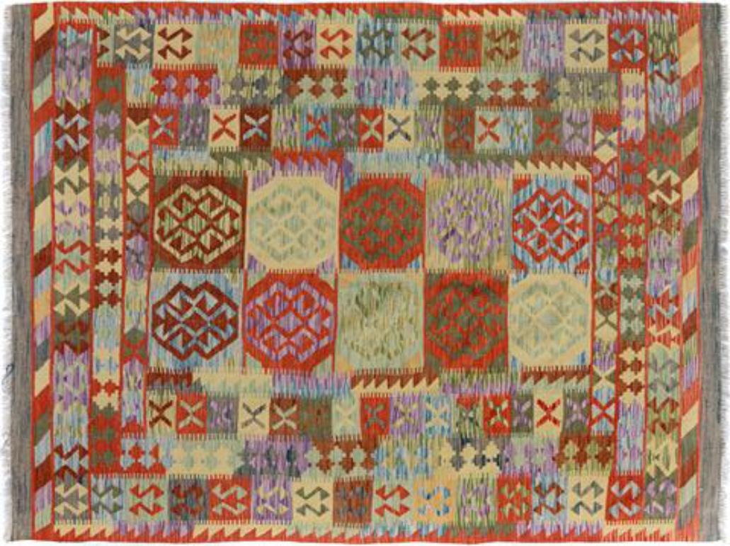 Flat Weave Kilim, Antique, Navaho, Vintage, Handmade, Geometric Kilim Blue Gray Hand-Woven Rectangle 100% Wool Area Rug 5 x 7