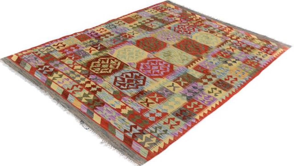 Flat Weave Kilim, Antique, Navaho, Vintage, Handmade, Geometric Kilim Blue Gray Hand-Woven Rectangle 100% Wool Area Rug 5 x 7
