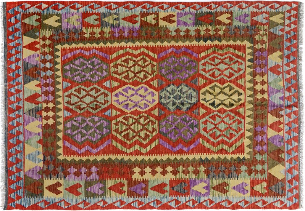Flat Weave Kilim, Antique, Navaho, Vintage, Handmade, Geometric Kilim Blue Red Hand-Woven Rectangle 100% Wool Area Rug 5 x 7
