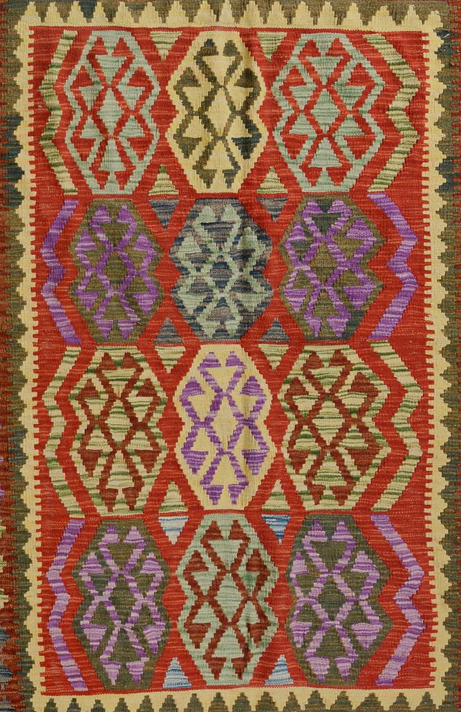 Flat Weave Kilim, Antique, Navaho, Vintage, Handmade, Geometric Kilim Blue Red Hand-Woven Rectangle 100% Wool Area Rug 5 x 7