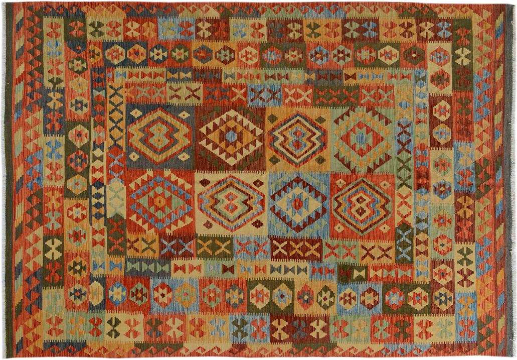 Flat Weave Kilim, Antique, Navaho, Vintage, Handmade, Geometric Kilim Gray Rust Hand-Woven Rectangle 100% Wool Area Rug 7 x 10