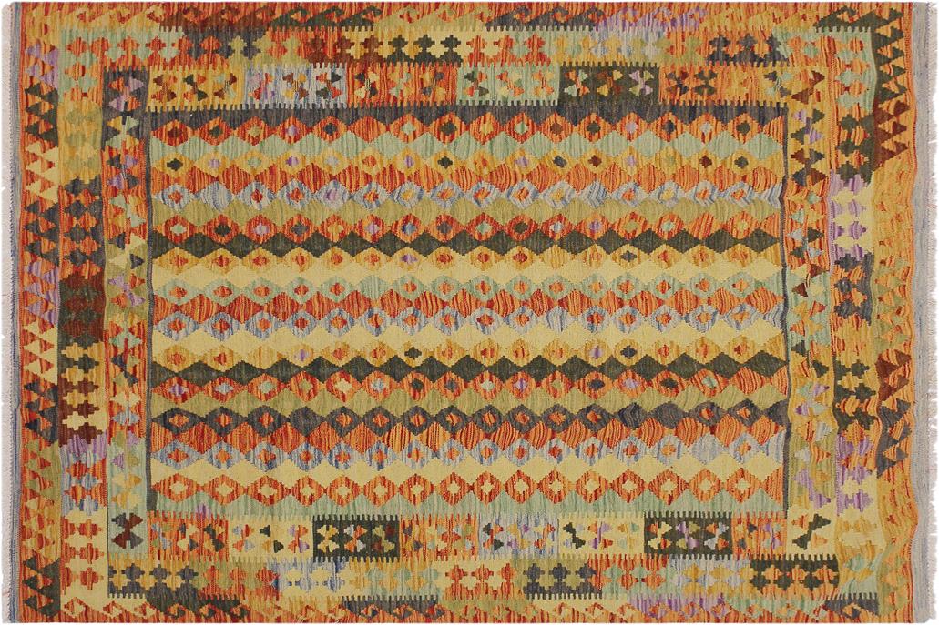 Flat Weave Kilim, Antique, Navaho, Vintage, Handmade, Geometric Kilim Rust Blue Hand-Woven Rectangle 100% Wool Area Rug 5 x 6