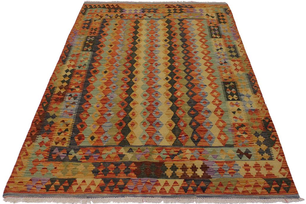 Flat Weave Kilim, Antique, Navaho, Vintage, Handmade, Geometric Kilim Rust Blue Hand-Woven Rectangle 100% Wool Area Rug 5 x 6