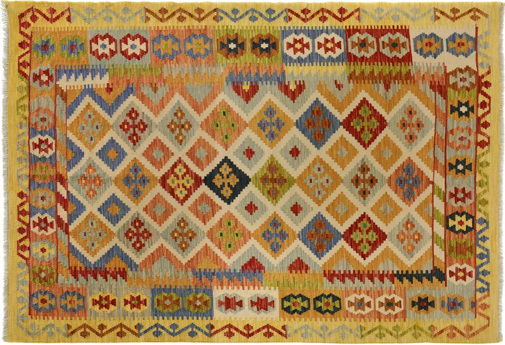 Flat Weave Kilim, Antique, Navaho, Vintage, Handmade, Geometric Kilim Ivory Gold Hand-Woven Rectangle 100% Wool Area Rug 5 x 6