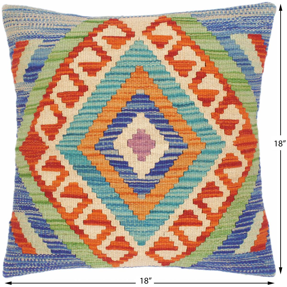 handmade Traditional Pillow Blue Rust Hand-Woven SQUARE 100% WOOL kilim throw pillow