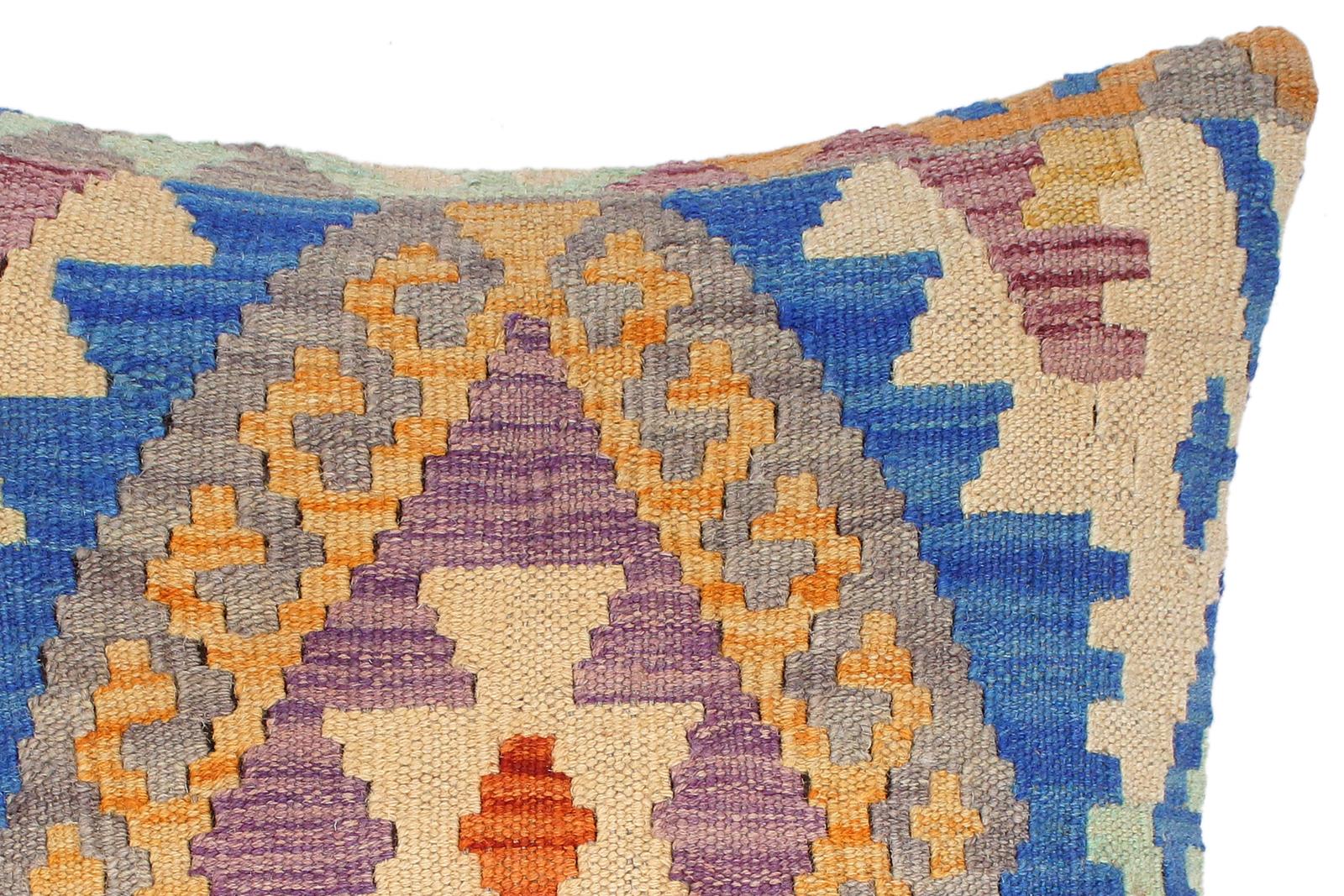 handmade Traditional Pillow Blue Gray Hand-Woven SQUARE 100% WOOL kilim throw pillow