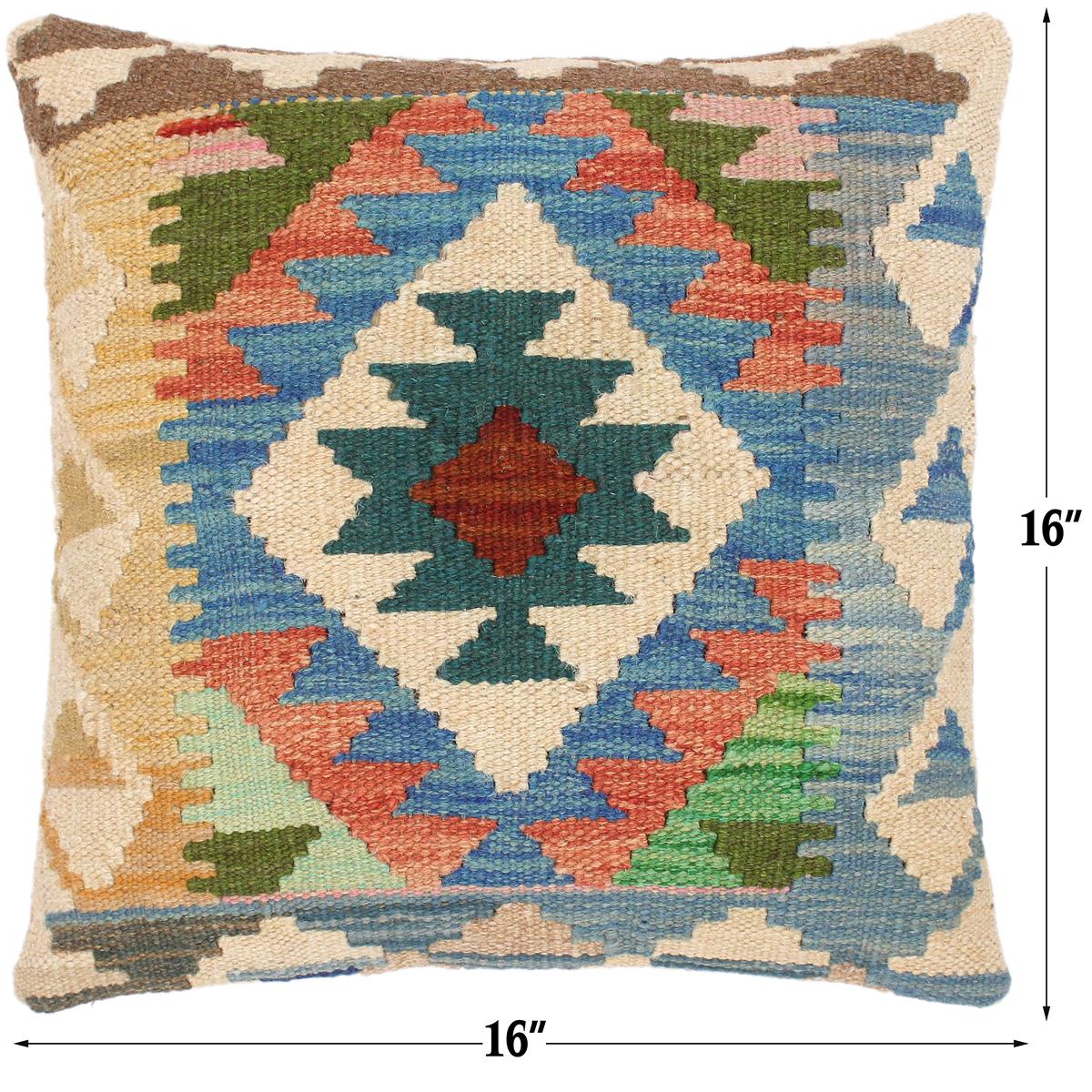 handmade Traditional Pillow Blue Beige Hand-Woven SQUARE 100% WOOL kilim throw pillow
