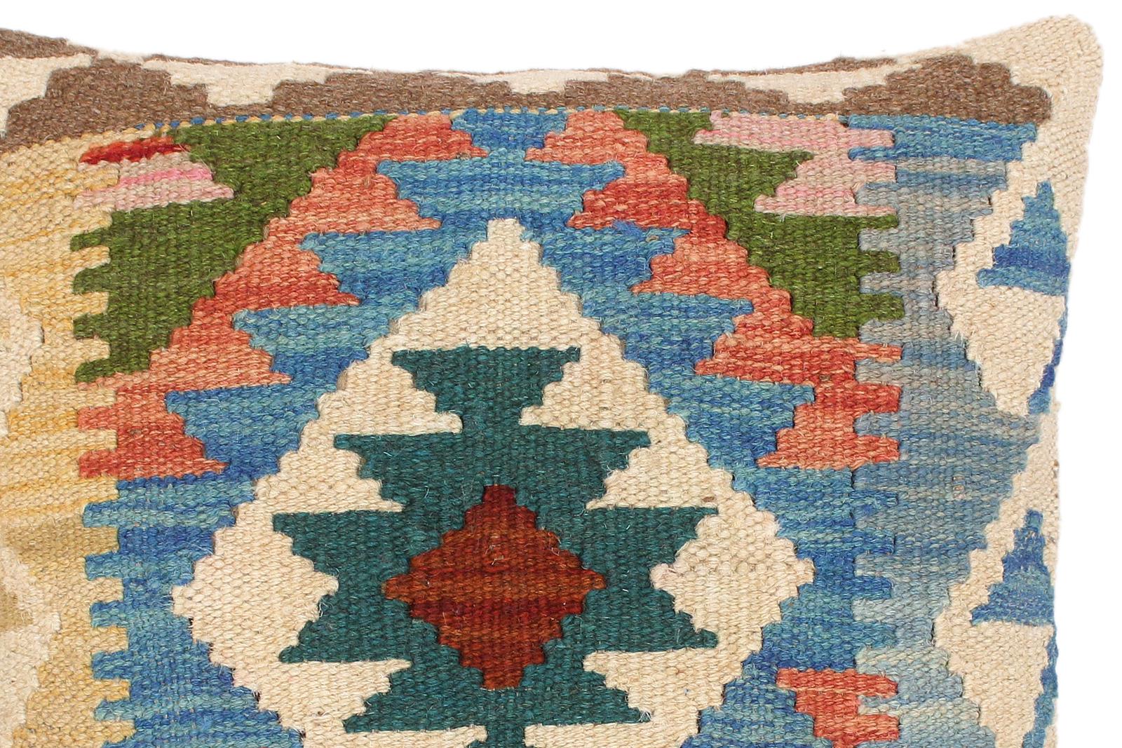 handmade Traditional Pillow Blue Beige Hand-Woven SQUARE 100% WOOL kilim throw pillow
