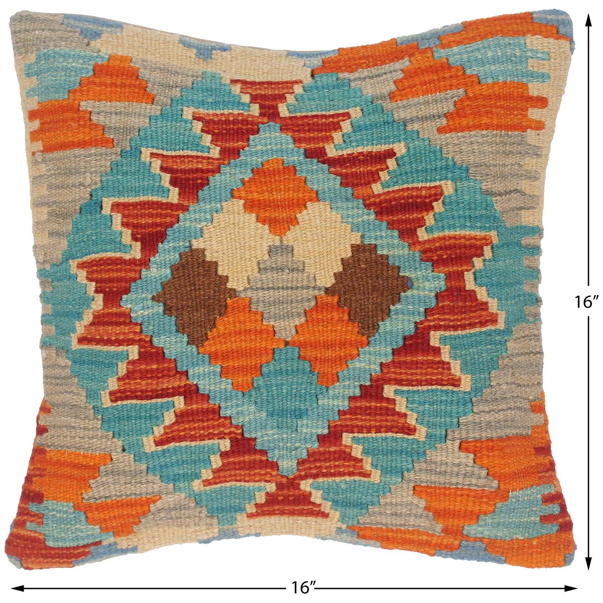 handmade Traditional Pillow Blue Rust Hand-Woven SQUARE 100% WOOL kilim throw pillow