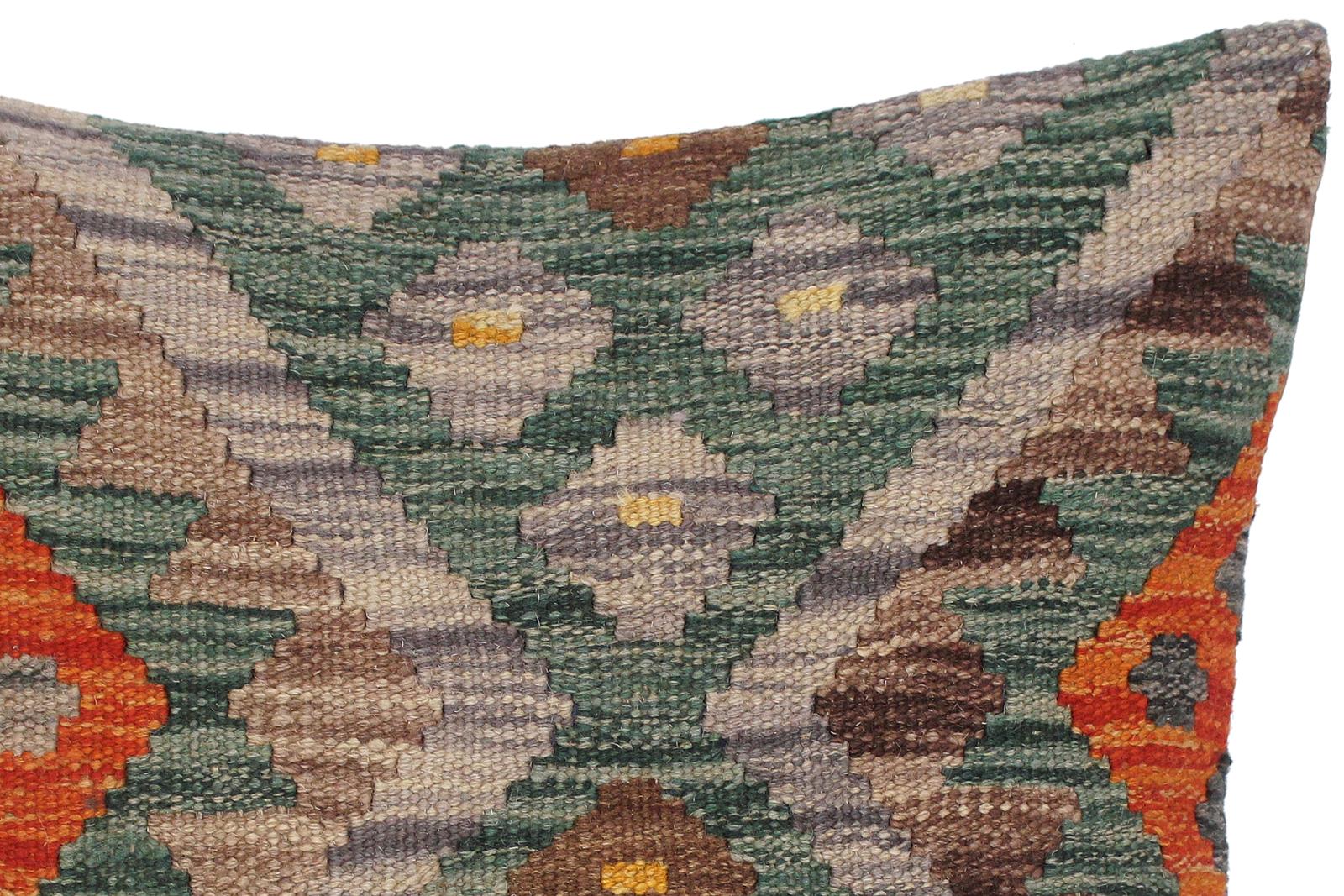 handmade Traditional Pillow Green Rust Hand-Woven SQUARE 100% WOOL kilim throw pillow
