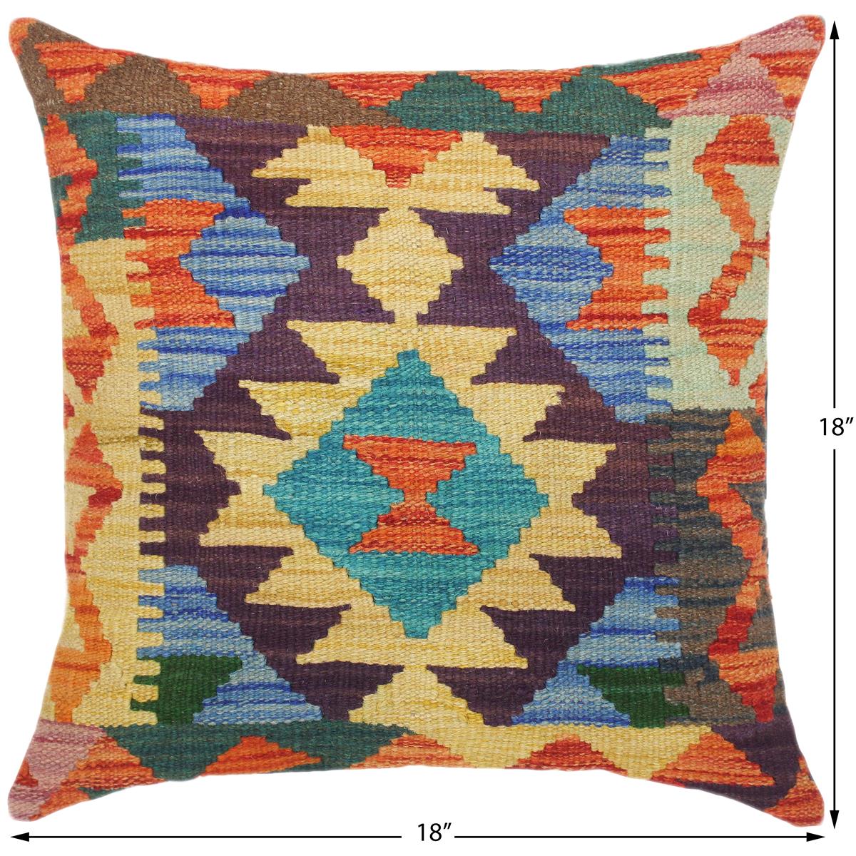 handmade Traditional Pillow Rust Blue Hand-Woven SQUARE 100% WOOL kilim throw pillow