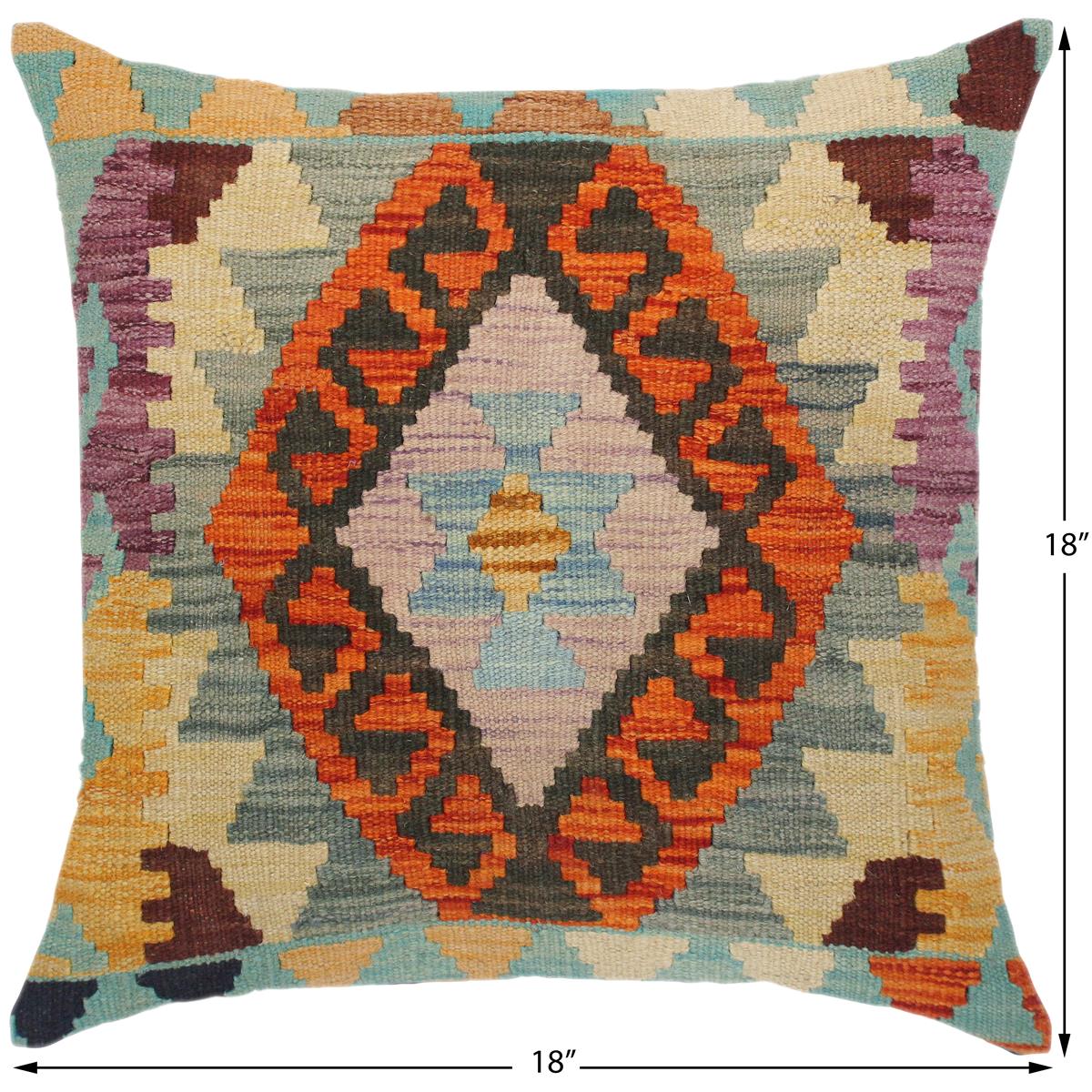 handmade Traditional Pillow Rust Blue Hand-Woven SQUARE 100% WOOL kilim throw pillow