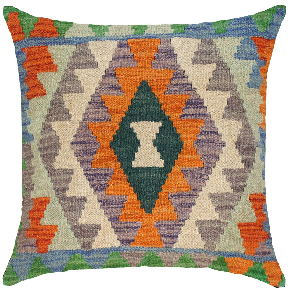 handmade Traditional Pillow Orange Blue Hand-Woven SQUARE 100% WOOL kilim throw pillow
