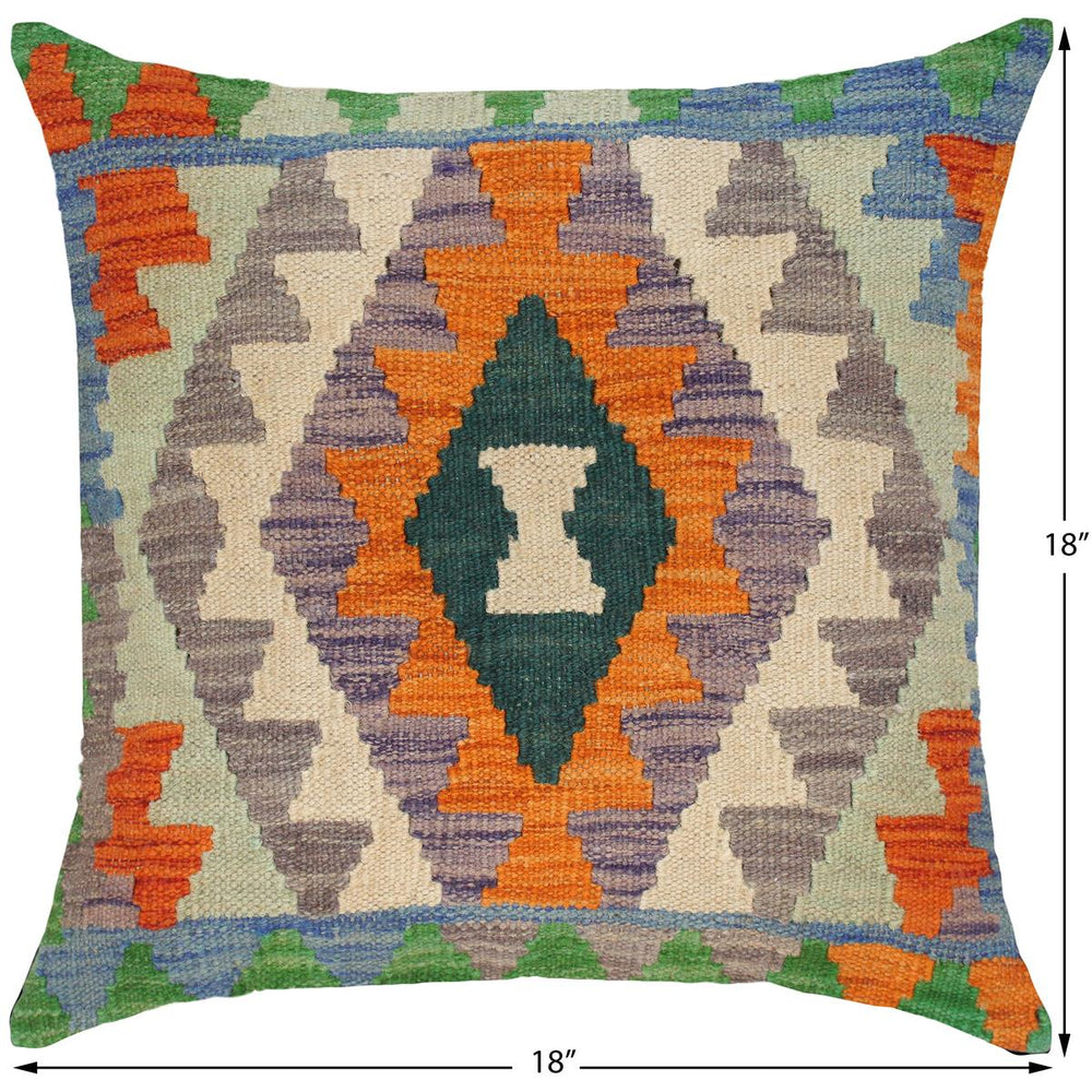 handmade Traditional Pillow Orange Blue Hand-Woven SQUARE 100% WOOL kilim throw pillow
