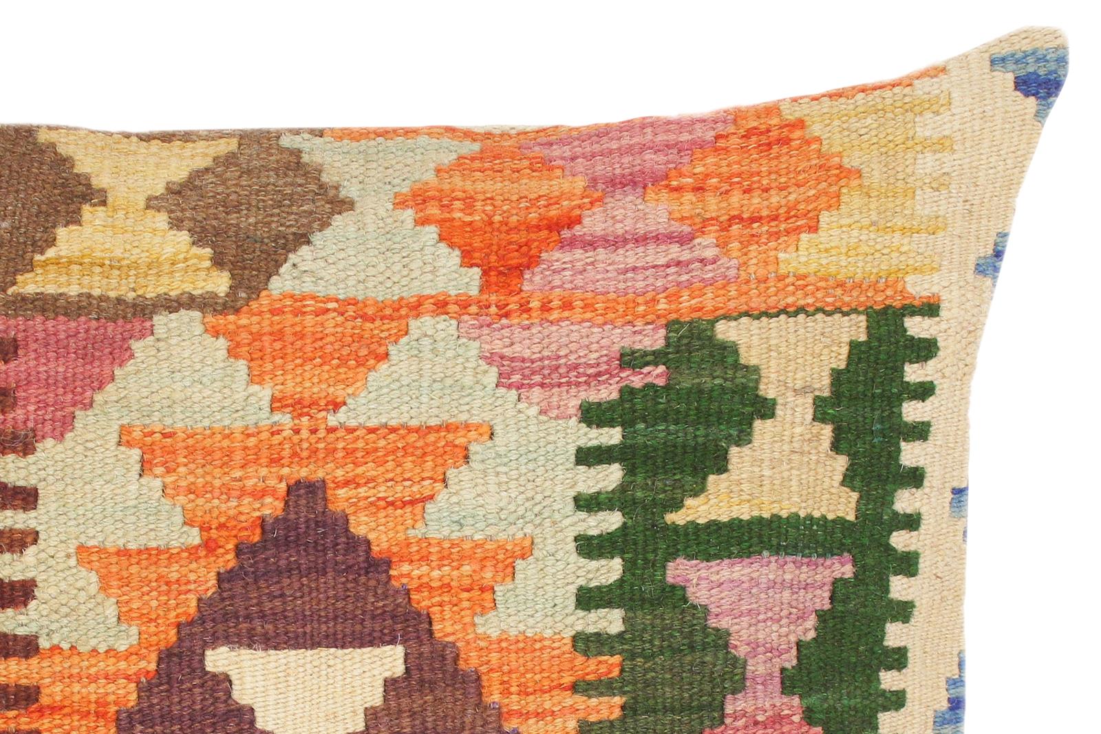 handmade Traditional Pillow Orange Blue Hand-Woven SQUARE 100% WOOL kilim throw pillow