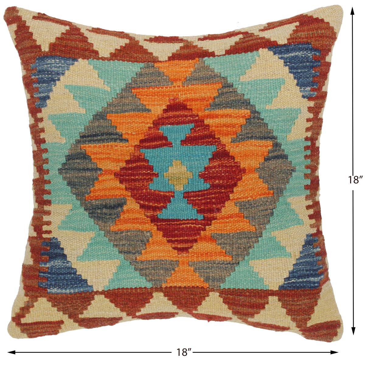 handmade Traditional Pillow Blue Rust Hand-Woven SQUARE 100% WOOL kilim throw pillow