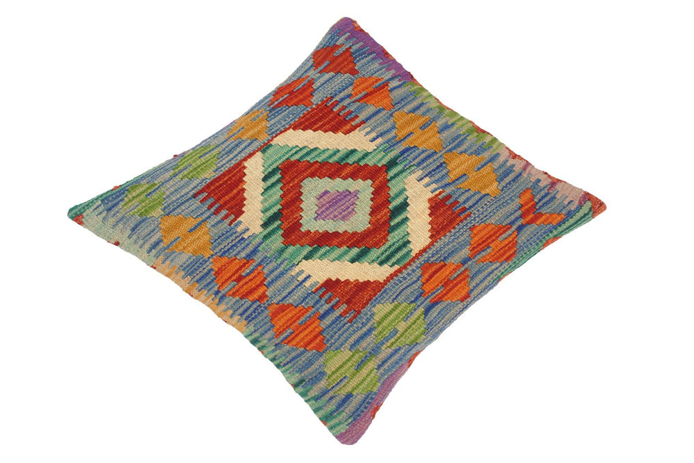 handmade Traditional Pillow Blue Gold Hand-Woven SQUARE 100% WOOL kilim throw pillow