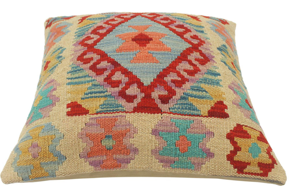 handmade Tribal Turkish Antique Beige Blue Hand-Woven SQUARE 100% WOOL pillow