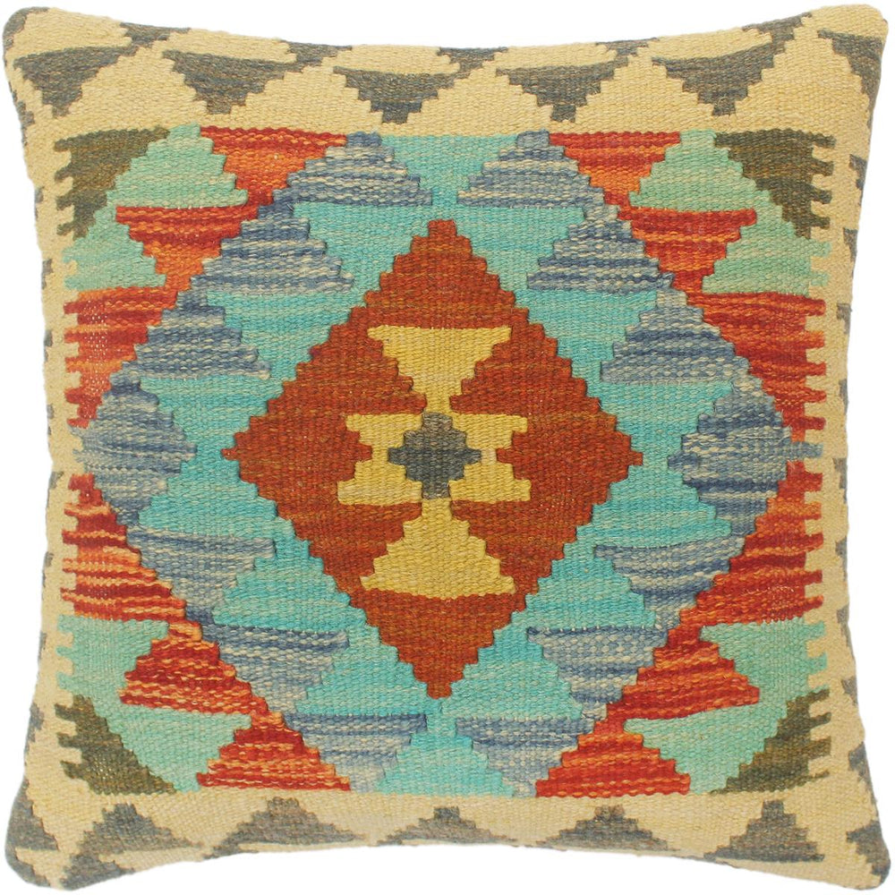 handmade Tribal Turkish Antique Rust Blue Hand-Woven SQUARE 100% WOOL pillow