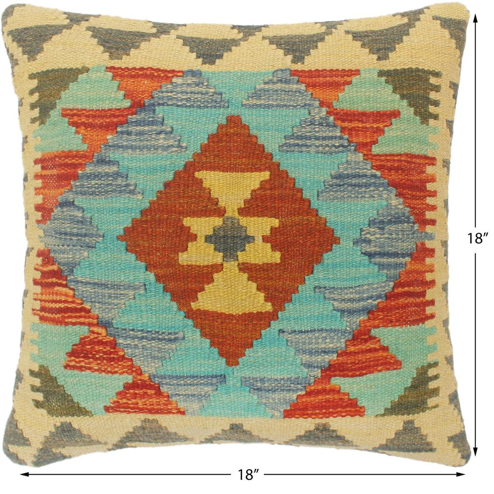 handmade Tribal Turkish Antique Rust Blue Hand-Woven SQUARE 100% WOOL pillow