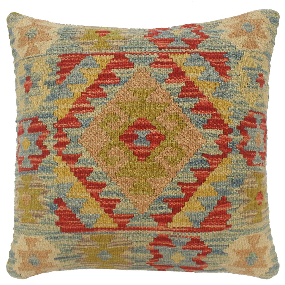 handmade Tribal Turkish Antique Blue Red Hand-Woven SQUARE 100% WOOL pillow