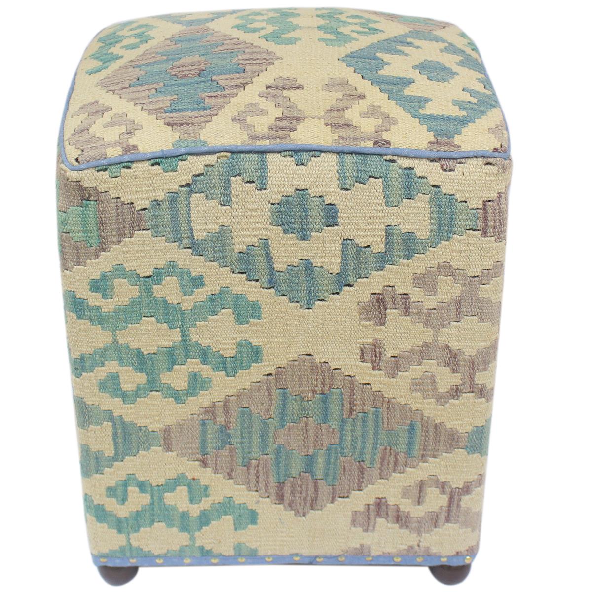 handmade Traditional Ottoman Beige Blue Hand-made SQUARE handmade ottoman pouf