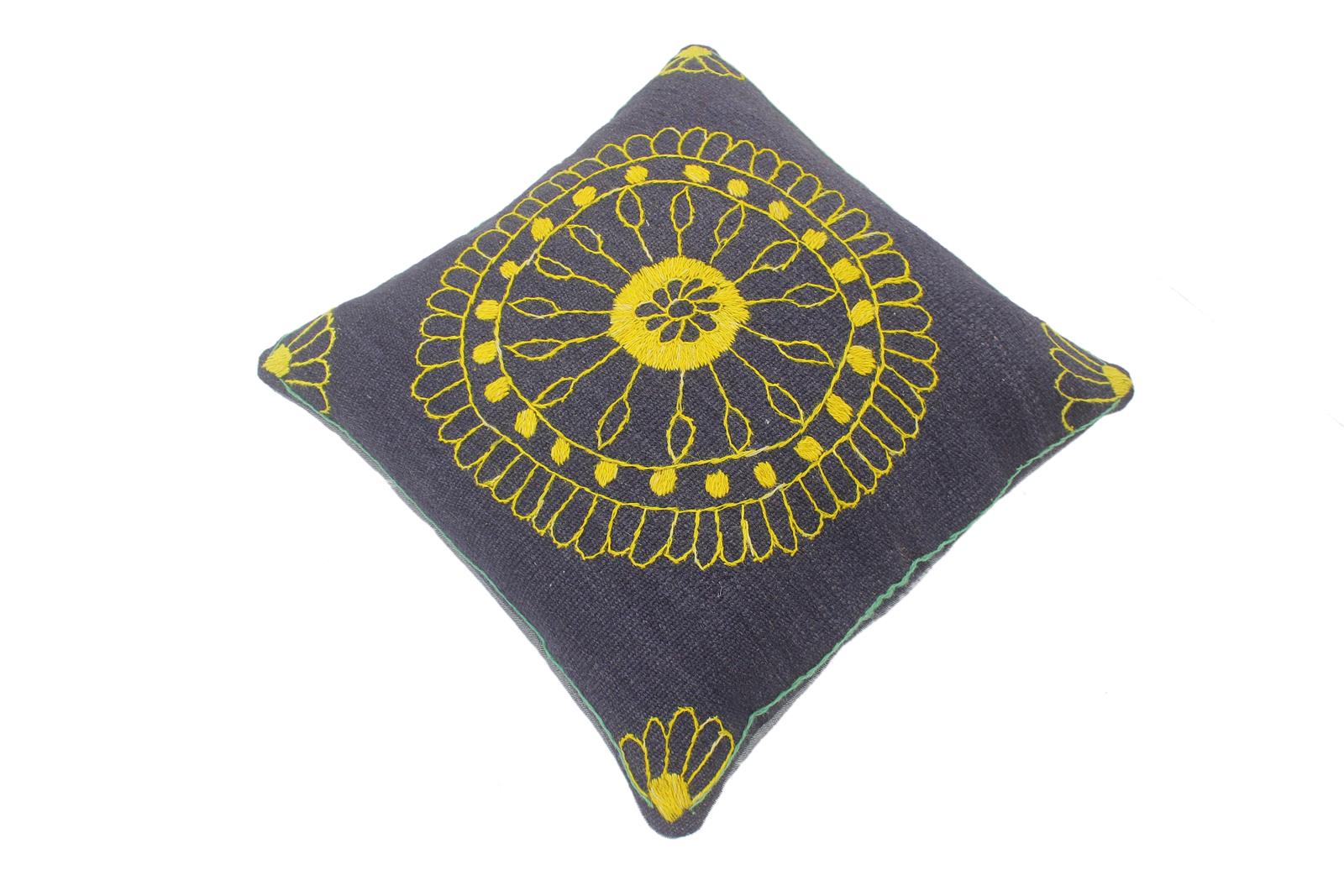 handmade  Pillow Blue Yellow Hand-Woven SQUARE 100% Wool Suzani Throw Pillow
